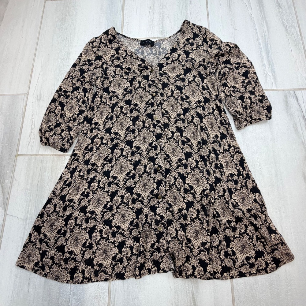 Everly Black Tan Damask Rayon Button Front Mini Dress Small